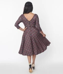 Unique Vintage Red Bias Plaid Devon Swing Dress -Pleaser Clothing Store unique vintage red bias plaid devon swing dress 463837