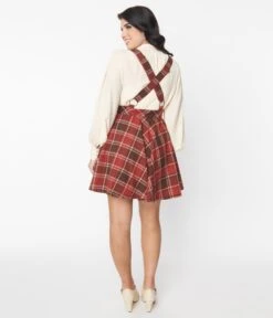 Unique Vintage Red & Brown Plaid Snap Front Pinafore -Pleaser Clothing Store unique vintage red brown plaid snap front pinafore 108622