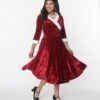 Unique Vintage Red Crushed Velvet & Ivory Fur Delores Swing Dress