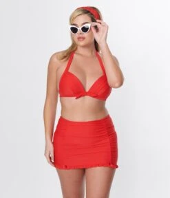 Unique Vintage Red Drawstring Ruffle Skirt -Pleaser Clothing Store unique vintage red drawstring ruffle skirt 302791