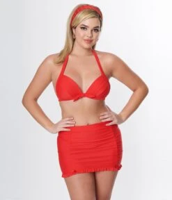 Unique Vintage Red Drawstring Ruffle Skirt