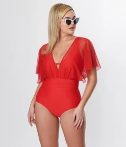 Unique Vintage Red Mesh Sleeved Torrey Swimsuit -Pleaser Clothing Store unique vintage red mesh sleeved torrey swimsuit 302565