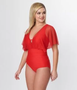 Unique Vintage Red Mesh Sleeved Torrey Swimsuit -Pleaser Clothing Store unique vintage red mesh sleeved torrey swimsuit 838951