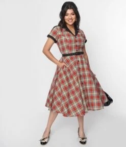 Unique Vintage Red Plaid & Black Contrast Alexis Swing Dress -Pleaser Clothing Store unique vintage red plaid black contrast alexis swing dress 990232