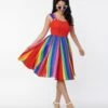 Unique Vintage Red & Rainbow Stripe Swing Dress