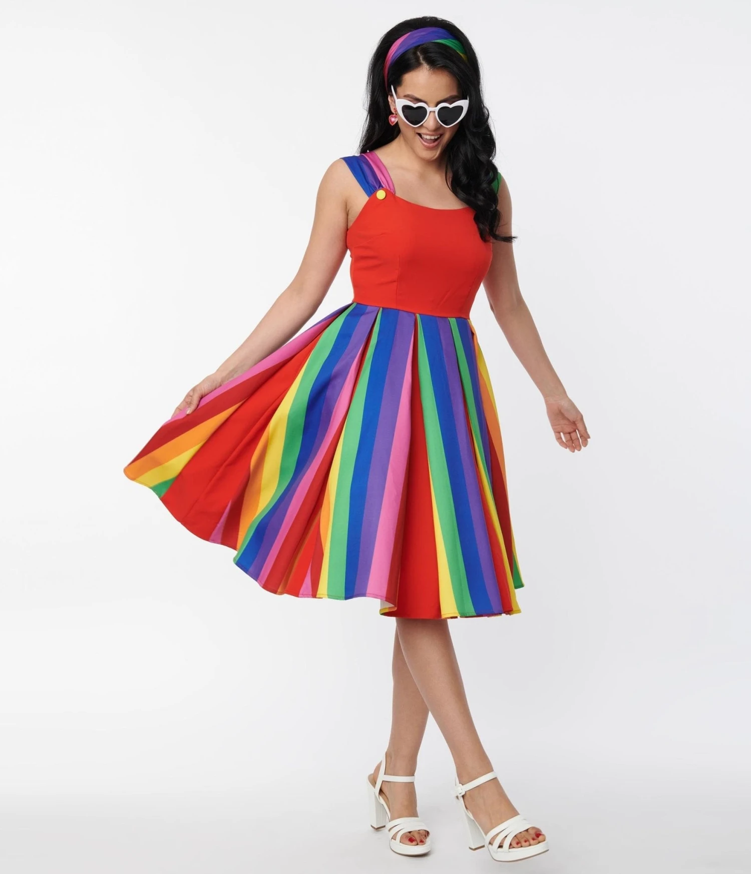 Unique Vintage Red & Rainbow Stripe Swing Dress 1 Unique Vintage Red & Rainbow Stripe Swing Dress