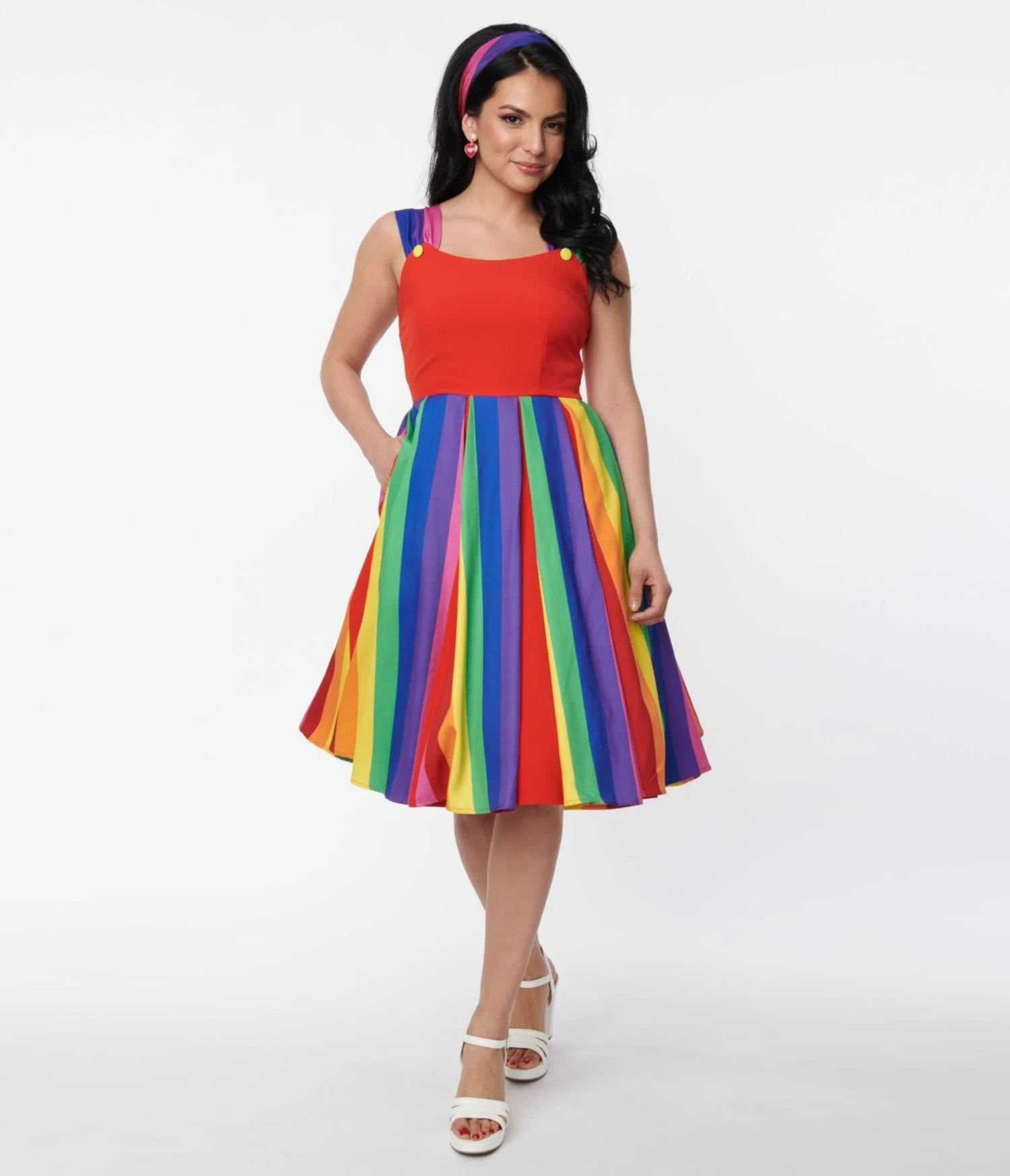 Unique Vintage Red & Rainbow Stripe Swing Dress 4 Unique Vintage Red & Rainbow Stripe Swing Dress - Image 4
