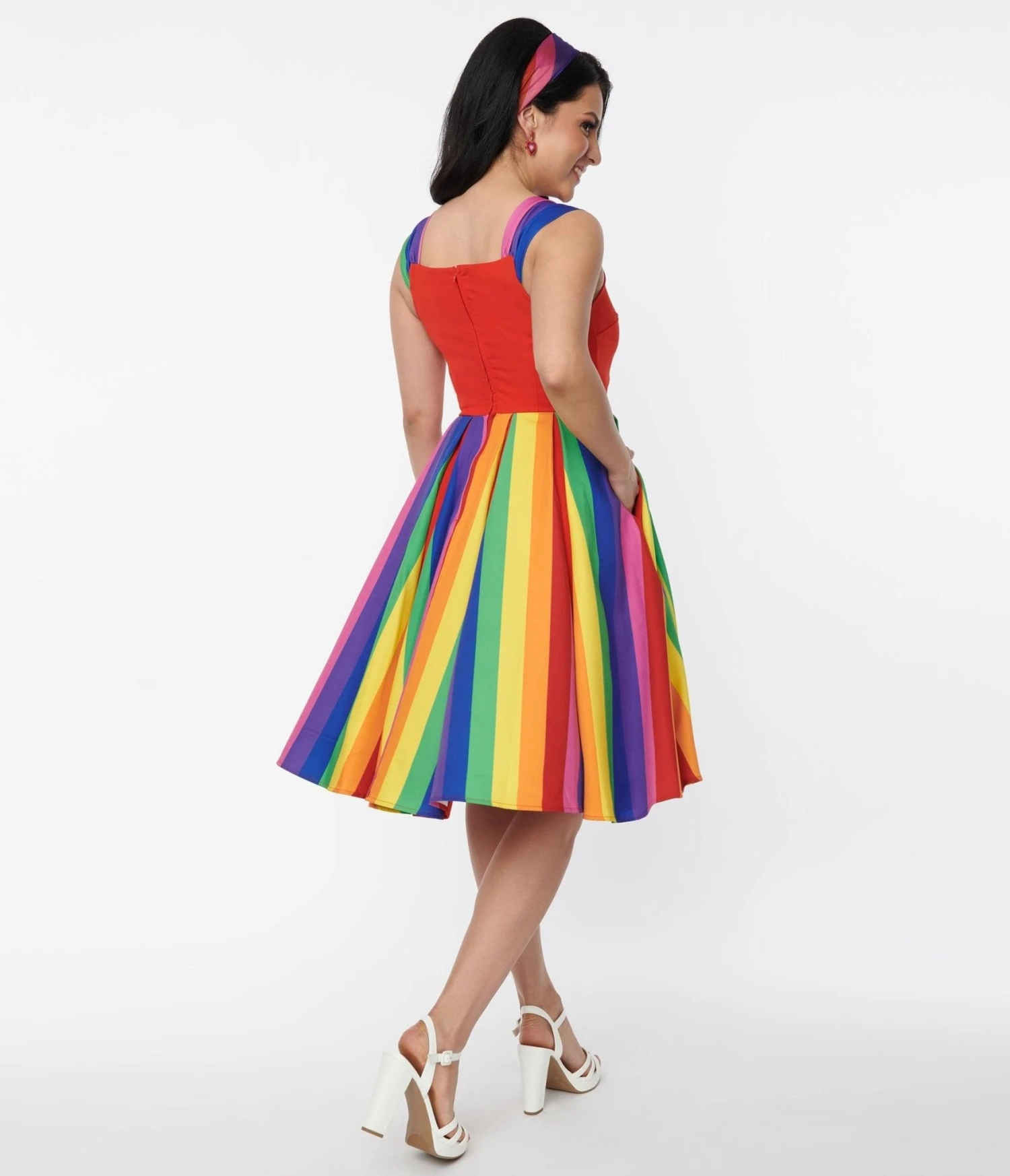 Unique Vintage Red & Rainbow Stripe Swing Dress 3 Unique Vintage Red & Rainbow Stripe Swing Dress - Image 3