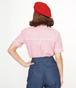 Unique Vintage Red & White Stripe Heart Pocket Top -Pleaser Clothing Store unique vintage red white stripe heart pocket top 531341