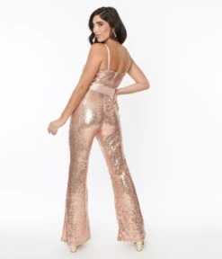 Unique Vintage Rose Gold Sequin Flare Jumpsuit -Pleaser Clothing Store unique vintage rose gold sequin flare jumpsuit 414848