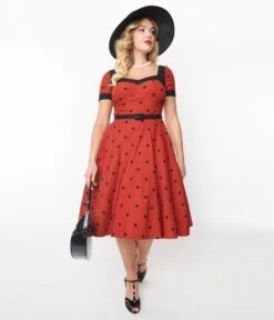 Unique Vintage Rust & Black Polka Dot Swing Dress