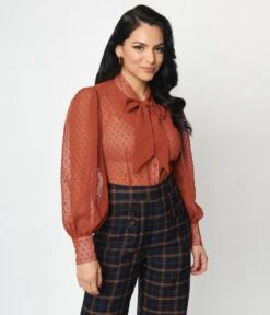 Unique Vintage Rust Clip Dot Gwen Blouse -Pleaser Clothing Store unique vintage rust clip dot gwen blouse 362113