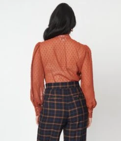 Unique Vintage Rust Clip Dot Gwen Blouse -Pleaser Clothing Store unique vintage rust clip dot gwen blouse 563672