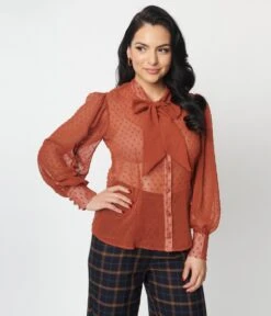 Unique Vintage Rust Clip Dot Gwen Blouse -Pleaser Clothing Store unique vintage rust clip dot gwen blouse 636154
