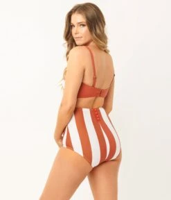 Unique Vintage Rust & White Stripe Louise Swim Bottom -Pleaser Clothing Store unique vintage rust white stripe louise swim bottom 856712