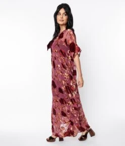 Unique Vintage Sheer Red Rose Velvet Burnout Bow Front Caftan -Pleaser Clothing Store unique vintage sheer red rose velvet burnout bow front caftan 773437