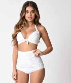 Unique Vintage Solid White Monroe High Waist Swim Bottom -Pleaser Clothing Store unique vintage solid white monroe high waist swim bottom 387234
