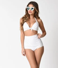 Unique Vintage Solid White Monroe High Waist Swim Bottom -Pleaser Clothing Store unique vintage solid white monroe high waist swim bottom 834116