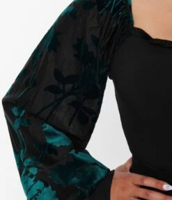 Unique Vintage Teal & Black Floral Velvet Burnout Bodysuit -Pleaser Clothing Store unique vintage teal black floral velvet burnout bodysuit 878964