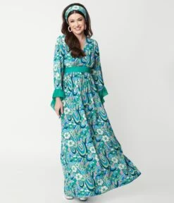 Unique Vintage Teal & Blue Psychedelic Floral Print Maxi Dress -Pleaser Clothing Store unique vintage teal blue psychedelic floral print maxi dress 970147