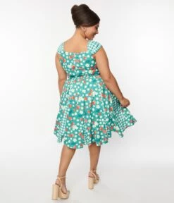 Unique Vintage Teal Strawberry Floral Picnic Swing Dress -Pleaser Clothing Store unique vintage teal strawberry floral picnic swing dress 541127
