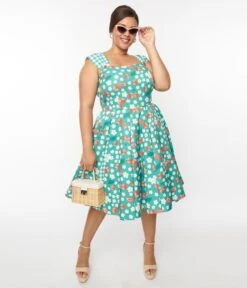 Unique Vintage Teal Strawberry Floral Picnic Swing Dress -Pleaser Clothing Store unique vintage teal strawberry floral picnic swing dress 903279