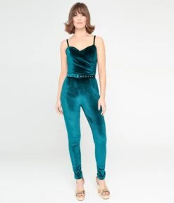 Unique Vintage Teal Velvet Jumpsuit