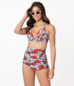 Unique Vintage Tropical Print & Red Hibiscus Monroe High Waist Swim Bottom -Pleaser Clothing Store unique vintage tropical print red hibiscus monroe high waist swim bottom 566947