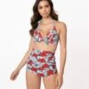Unique Vintage Tropical Print & Red Hibiscus Monroe High Waist Swim Bottom