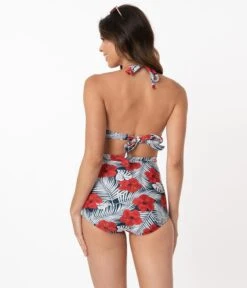 Unique Vintage Tropical Print & Red Hibiscus Monroe High Waist Swim Bottom -Pleaser Clothing Store unique vintage tropical print red hibiscus monroe high waist swim bottom 753912