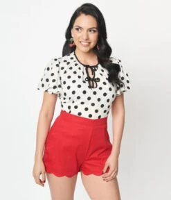 Unique Vintage White & Black Polka Dot Tie Neck Top -Pleaser Clothing Store unique vintage white black polka dot tie neck top 126672