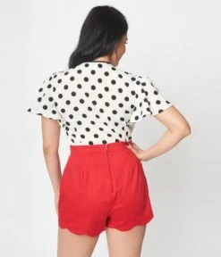 Unique Vintage White & Black Polka Dot Tie Neck Top -Pleaser Clothing Store unique vintage white black polka dot tie neck top 990274