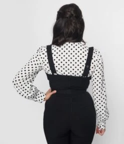 Unique Vintage White & Black Polka Sashed Bodysuit -Pleaser Clothing Store unique vintage white black polka sashed bodysuit 843415