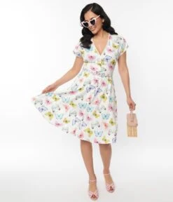 Unique Vintage White Butterfly Flutter Sleeve Swing Dress -Pleaser Clothing Store unique vintage white butterfly flutter sleeve swing dress 393537