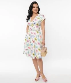 Unique Vintage White Butterfly Flutter Sleeve Swing Dress -Pleaser Clothing Store unique vintage white butterfly flutter sleeve swing dress 784203