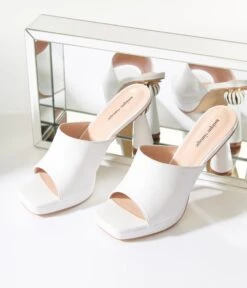 Unique Vintage White Leatherette Spiral Ball Mule Heels -Pleaser Clothing Store unique vintage white leatherette spiral ball mule heels 915181