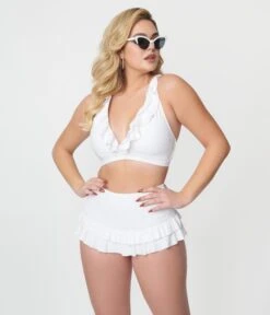 Unique Vintage White Ruffle Halter Swim Top -Pleaser Clothing Store unique vintage white ruffle halter swim top 357143