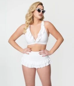 Unique Vintage White Ruffle Halter Swim Top -Pleaser Clothing Store unique vintage white ruffle halter swim top 393960