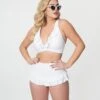 Unique Vintage White Shirred Skirt Swim Bottom