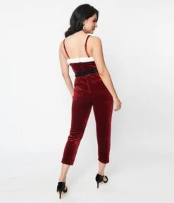 Unique Vintage Wine Red Velvet & White Faux Fur Cropped Jumpsuit -Pleaser Clothing Store unique vintage wine red velvet white faux fur cropped jumpsuit 225725