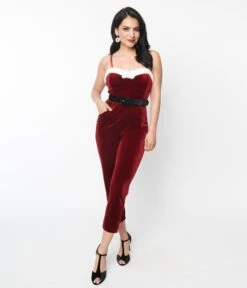 Unique Vintage Wine Red Velvet & White Faux Fur Cropped Jumpsuit