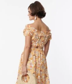 Unique Vintage Yellow Bee Print Ruffle Up Crop Top -Pleaser Clothing Store unique vintage yellow bee print ruffle up crop top 693707