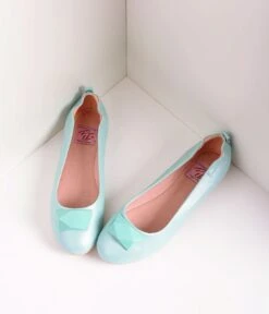 PLEASER Vintage Style Aqua Blue Leatherette & Geometric Gem Ballet Flats