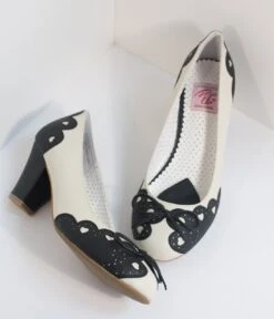 PLEASER Vintage Style Black & Cream Cutout Leatherette Wiggle Pumps -Pleaser Clothing Store vintage style black cream cutout leatherette wiggle pumps 440336