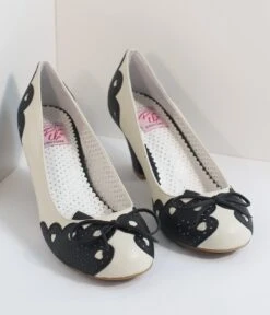 PLEASER Vintage Style Black & Cream Cutout Leatherette Wiggle Pumps -Pleaser Clothing Store vintage style black cream cutout leatherette wiggle pumps 978830