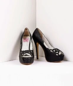 PLEASER Vintage Style Black Leatherette Cutout Peep Toe Platform Heel