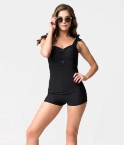 Vintage Style Black Pin-Up Romper Swimsuit -Pleaser Clothing Store vintage style black pin up romper swimsuit 944906