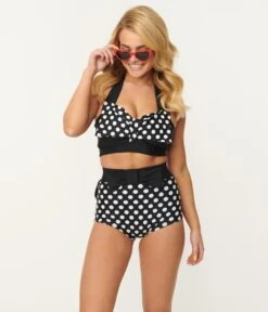 Vintage Style Black & White Polka Dot Swim Bottom -Pleaser Clothing Store vintage style black white polka dot swim bottom 970705