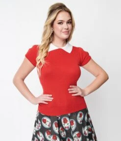 Vintage Style Red & White Collar Sweater Knit Top 9 Vintage Style Red & White Collar Sweater Knit Top -Pleaser Clothing Store vintage style red white collar sweater knit top 405991