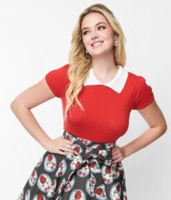 Vintage Style Red & White Collar Sweater Knit Top 8 Vintage Style Red & White Collar Sweater Knit Top -Pleaser Clothing Store vintage style red white collar sweater knit top 800637